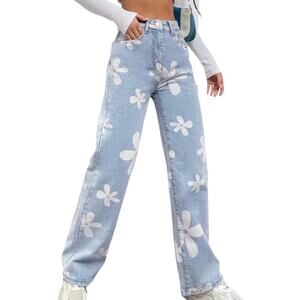 Flower All Over Print Jeans Shein Women's Size M Pants Light Blue Straight Leg